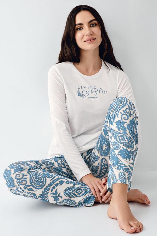 Pierre Cardin Kadın Lıvıng My Best Life Modal Pamuklu Krem Uzun Kollu Desenli Pijama Takım - Image 1