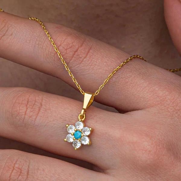 Supertrend Gümüş Mavi Taşlı Gold Çiçek Kadın Kolye - Image 1