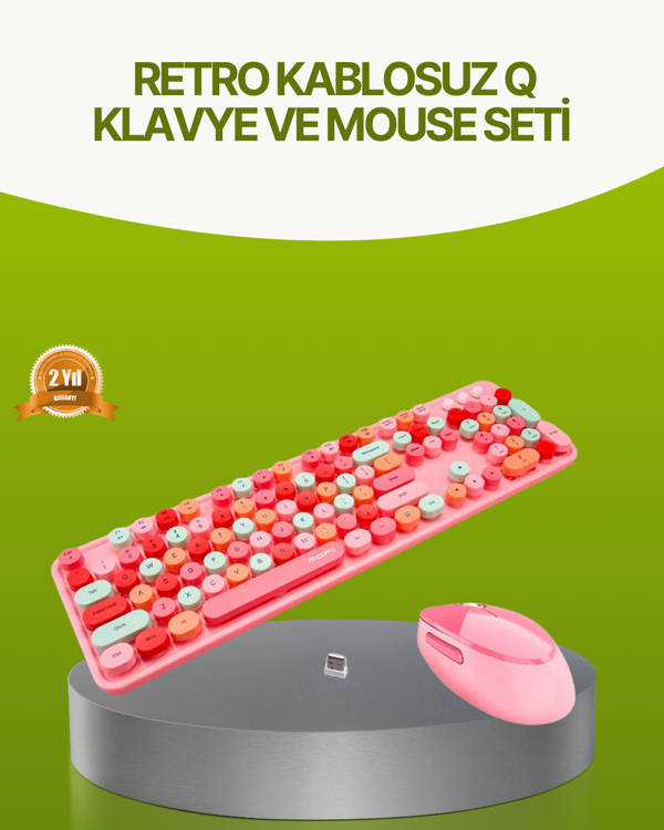 Bluetooth Retro Kablosuz Klavye ve Mouse Seti – 3 Cihaz Bağlantılı, Sessiz Tuş, Uzun Pil Ömrü - Image 1