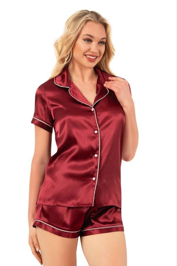 Ahu Kadın Kısa Kollu Saten Gecelik Şort Takımı 7847 - Image 1