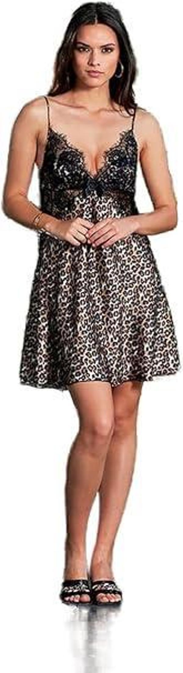 Nurteks 5460 Kadın Leopar Desenli Dantelli Saten Gecelik - Image 1