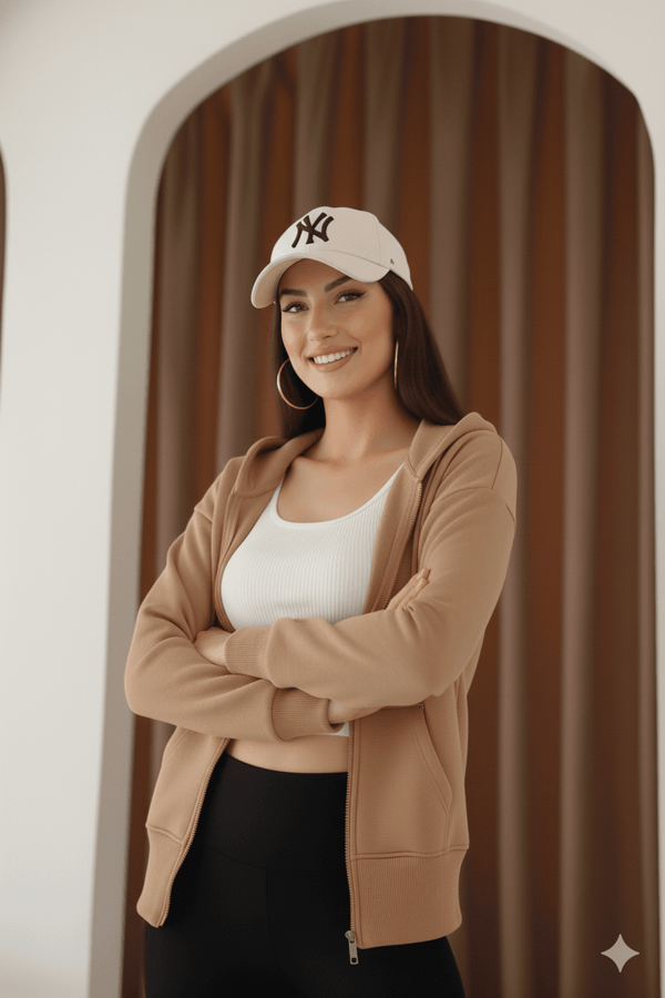 Kadın Fermuarlı Kapşonlu Beyaz Bol Crop Sweatshirt - Image 1