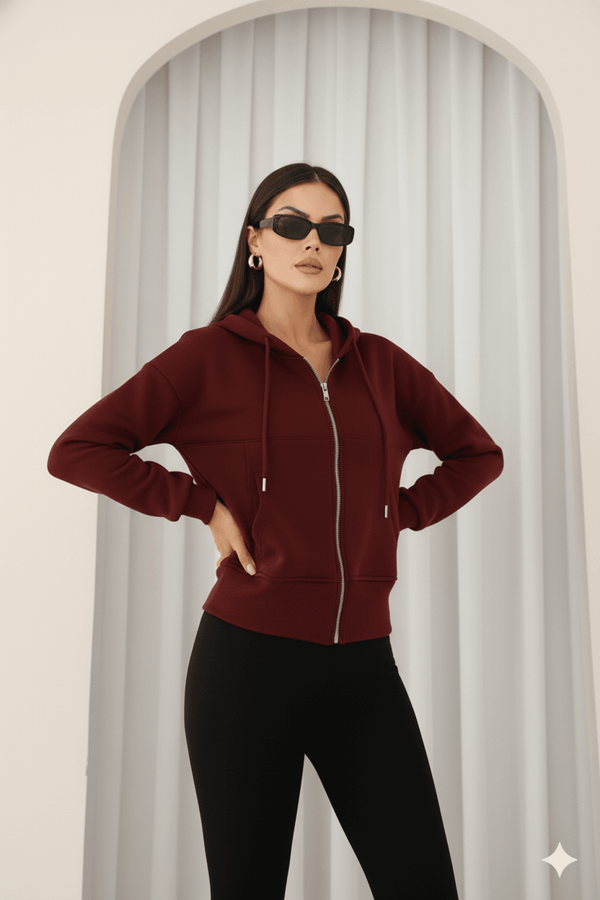 Kadın Fermuarlı Kapşonlu Beyaz Bol Crop Sweatshirt - Image 1
