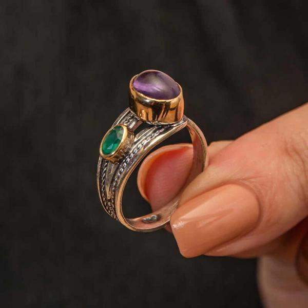 Supertrend Gümüş Ametist Taşlı Zümrüt Otantik Ayarlanabilir Kadın Yüzük - Image 1