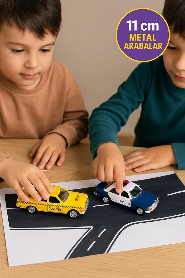 Metal Nostaljik Çek Bırak Taksi ve Polis 2 li Model Araba Seti Açılır Kapı Yumuşak Lastik 11 Cm - Image 1