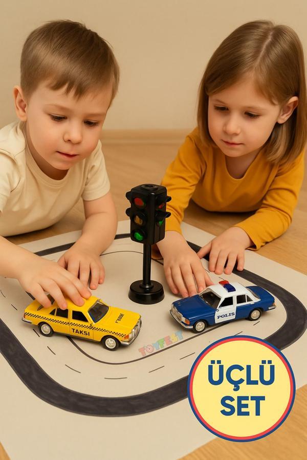 Metal Çek Bırak Taksi Polis Arabası ve Trafik Işığı 3 lü Set Açılır Kapı Yumuşak Lastik 11 Cm - Image 1