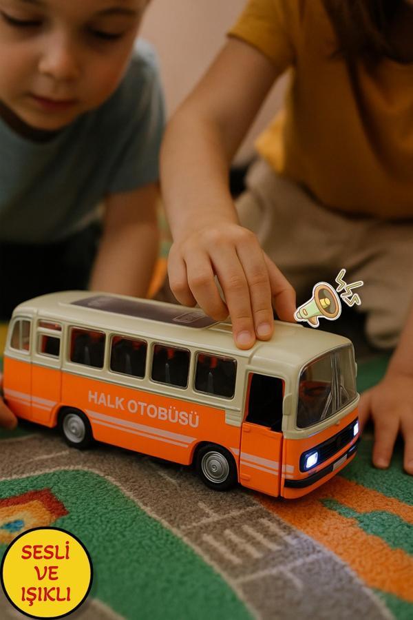 Nostaljik Halk Otobüsü 11 Cm Pilli Sesli Işıklı Kapısı Açılır Yumuşak Tekerlekli - Turuncu - Image 1