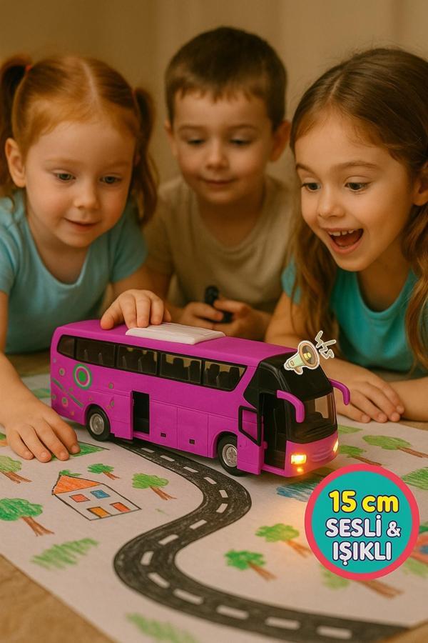 Lüks Işıklı Sesli Kapıları ve Bagajı Açılan Yumuşak Lastikli Tur Tatil Otobüsü 15 cm - Pembe - Image 1