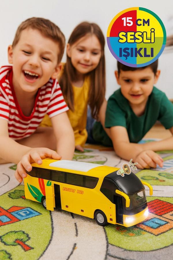 Lüks Işıklı Sesli Kapıları ve Bagajı Açılan Yumuşak Lastikli Tur Tatil Otobüsü 15 cm - Sarı - Image 1