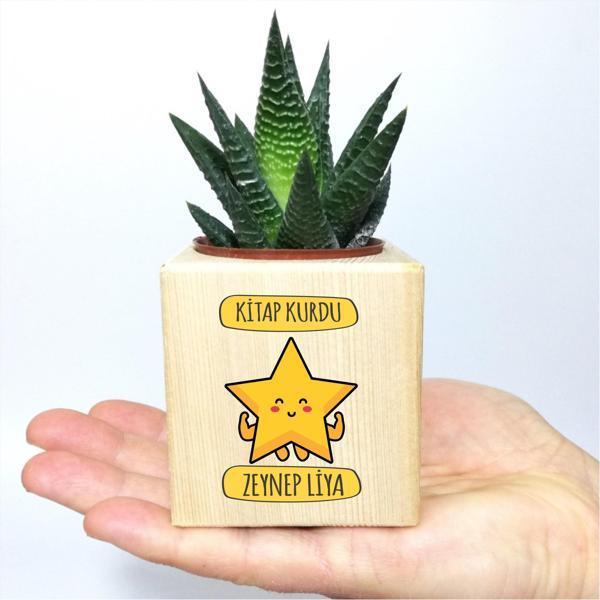 Kişiye Özel İsim Kitap Kurdu Temalı Küp Saksı ve Haworthia Sukulent - MK05 - Image 1