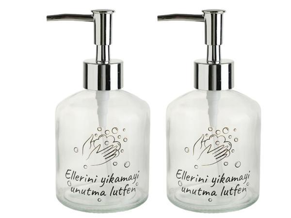 2 ADET CAM SIVI SABUNLUK,LÜTFEN YAZILI 300ML BANYO SETİ  7,6X15,5CM - Image 1