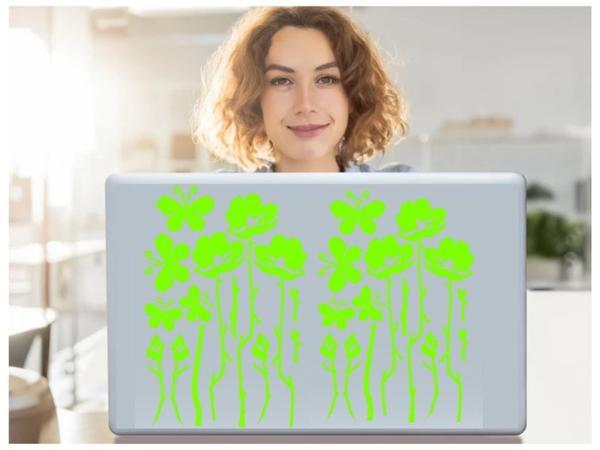 2 ADET DEFTER STİCKER,LAPTOP STİCKER YEŞİL ÇİÇEKLİ  PVC 48X33X0,5CM - Image 1