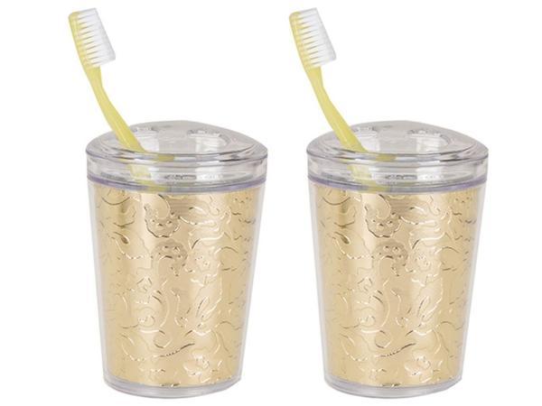 2 ADET DİŞ FIRÇALIK ALTIN YAPRAK AKRİLİK  9X9X12CM BANYO SETİ   - Image 1