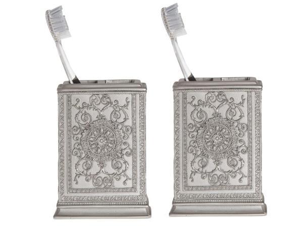 2 ADET DİŞ FIRÇALIK DEKORATİF İŞLEMELİ GÜMÜŞ POLİRESİN 8X6X11CM - Image 1