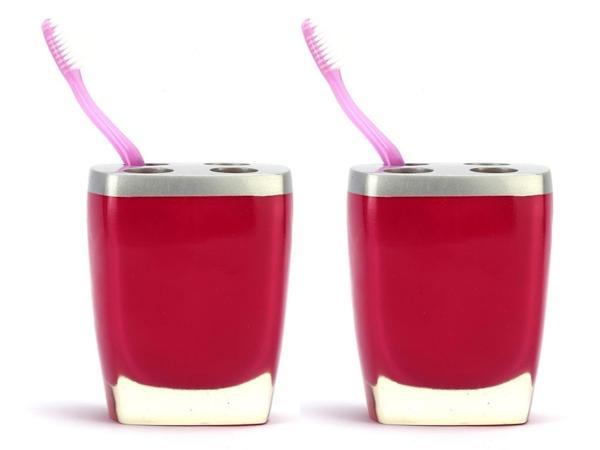 2 ADET DİŞ FIRÇALIK GRİ PEMBE POLİRESİN 8X4X11CM BANYO SETİ   - Image 1