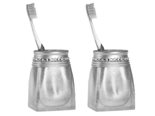 2 ADET DİŞ FIRÇALIK KRİSTAL TAŞLI GÜMÜŞ POLİRESİN 7X7X10CM BANYO SETİ   - Image 1