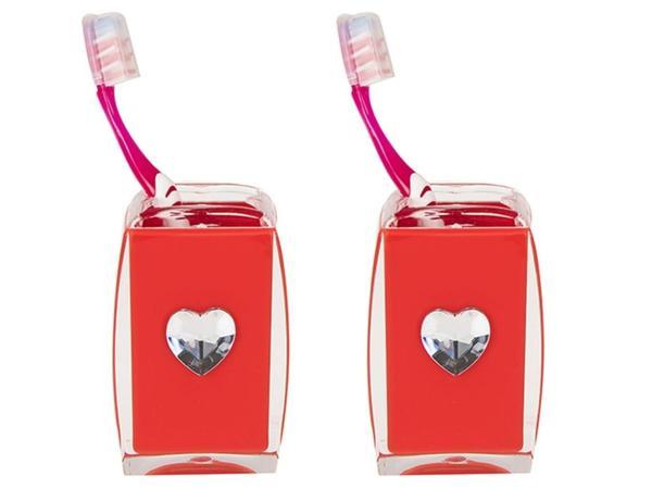 2 ADET DİŞ FIRÇALIK KRİSTAL TAŞLI KIRMIZI KALPLİ AKRİLİK 6X6X11CM BANYO SETİ   - Image 1