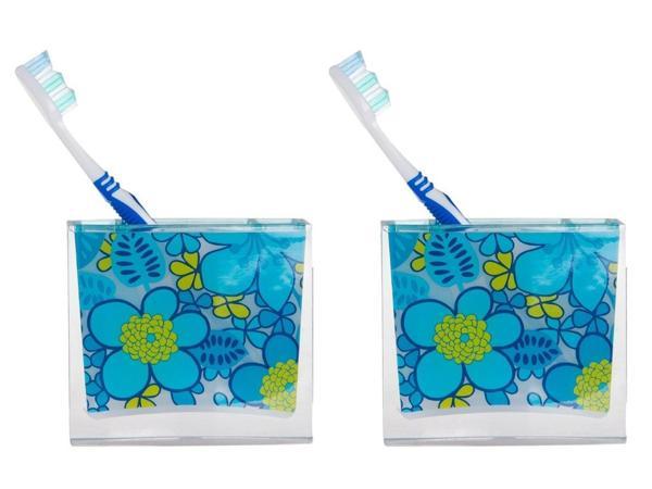 2 ADET DİŞ FIRÇALIK MAVİ ÇİÇEKLİ AKRİLİK 10X10X3CM BANYO SETİ   - Image 1