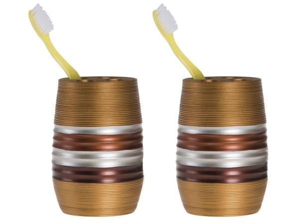 2 ADET DİŞ FIRÇALIK METALİK KAHVE POLİRESİN 6X6X12CM BANYO SETİ   - Image 1