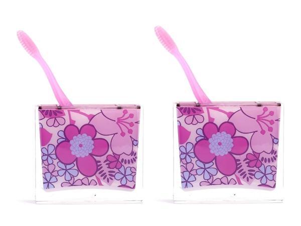 2 ADET DİŞ FIRÇALIK PEMBE ÇİÇEKLİ AKRİLİK 10X10X3CM BANYO SETİ   - Image 1