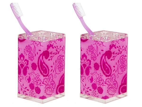 2 ADET DİŞ FIRÇALIK PEMBE ÇİÇEKLİ AKRİLİK 6X6X12CM BANYO SETİ   - Image 1