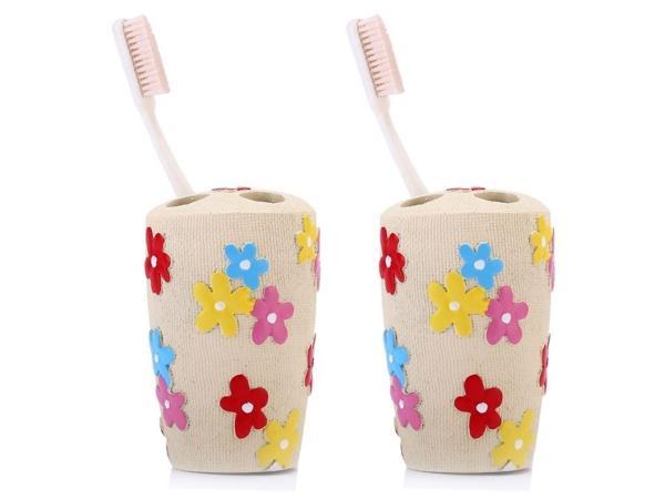 2 ADET DİŞ FIRÇALIK RENKLİ PAPATYALI POLİRESİN 5X5X11CM BANYO SETİ   - Image 1