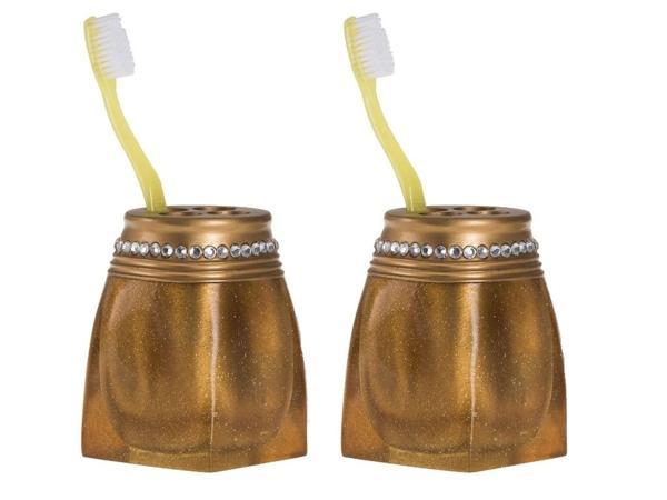 2 ADET DİŞ FIRÇALIK TAŞLI ALTIN POLİRESİN 7X7X10CM BANYO SETİ   - Image 1