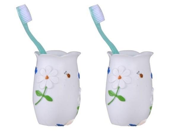 2 ADET DİŞ FIRÇALIK,MACUNLUK ÇİÇEKLİ POLİRESİN  7x7x10cm BANYO SETİ   - Image 1