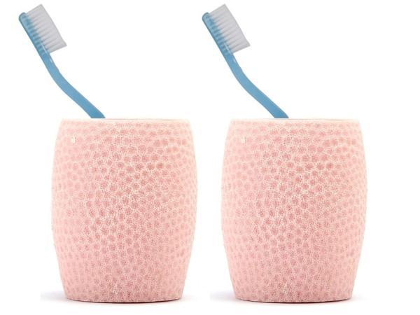 2 ADET DİŞ FIRÇALIK,MACUNLUK PEMBE PETEK DESENLİ POLİRESİN 8X8X10CM 400ML BANYO SETİ   - Image 1