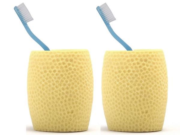 2 ADET DİŞ FIRÇALIK,MACUNLUK SARI PETEK DESENLİ POLİRESİN 8X8X10CM 400ML BANYO SETİ   - Image 1