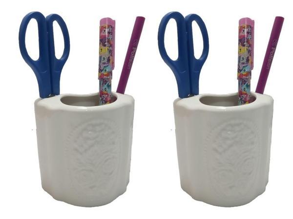 2 ADET KALEMLİK ÇİÇEKLİ OVAL MODEL SERAMİK OFİS GERECİ  8X5X10CM - Image 1