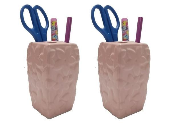 2 ADET KALEMLİK ÇİÇEKLİ PEMBE MODEL SERAMİK OFİS GERECİ  7X7X12CM  - Image 1