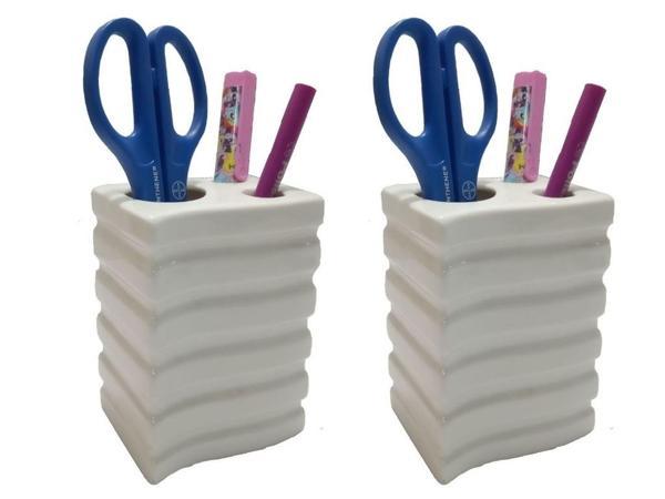 2 ADET KALEMLİK KARE ÇİZGİLİ MODEL SERAMİK OFİS GERECİ  8X6X11CM - Image 1