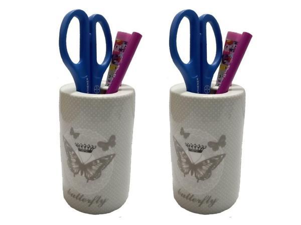 2 ADET KALEMLİK KELEBEK DESENLİ SERAMİK OFİS GERECİ  7X7X11CM - Image 1