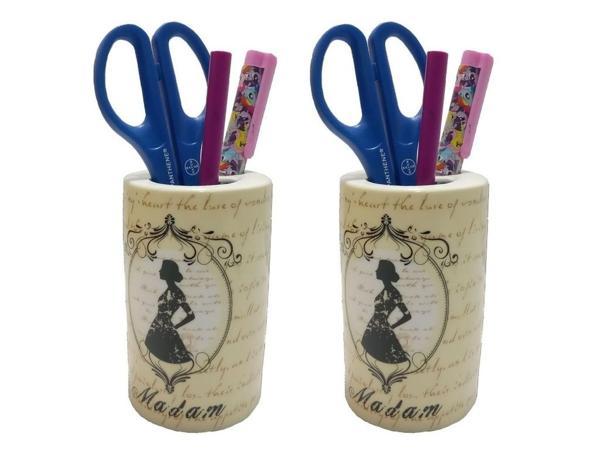 2 ADET KALEMLİK MADAM DESENLİ SERAMİK OFİS GERECİ  7X7X11CM - Image 1