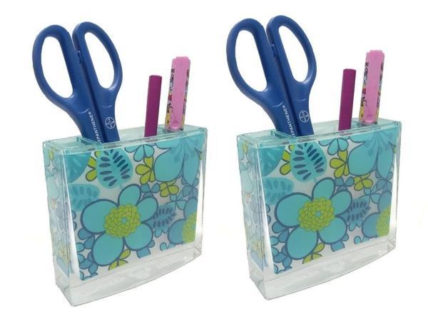 2 ADET KALEMLİK MAVİ ÇİÇEKLİ AKRİLİK OFİS GERECİ  10X10X3CM - Image 1