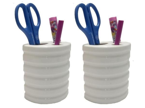 2 ADET KALEMLİK OVAL ÇİZGİLİ MODEL SERAMİK OFİS GERECİ  9X6X11CM - Image 1