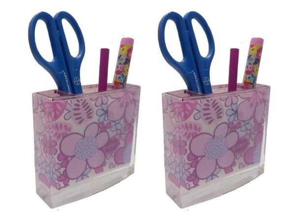 2 ADET KALEMLİK PEMBE ÇİÇEKLİ AKRİLİK OFİS GERECİ  10X10X3CM - Image 1