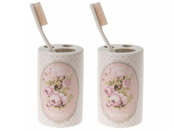 2 ADET SERAMİK DİŞ FIRÇALIK BAHAR DESENLİ 7X7X11CM BANYO SETİ   - Image 1