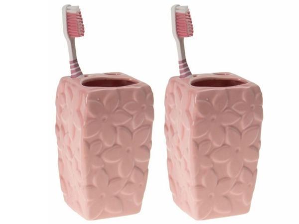 2 ADET SERAMİK DİŞ FIRÇALIK ÇİÇEKLİ PEMBE MODEL 7X7X12CM  BANYO SETİ   - Image 1