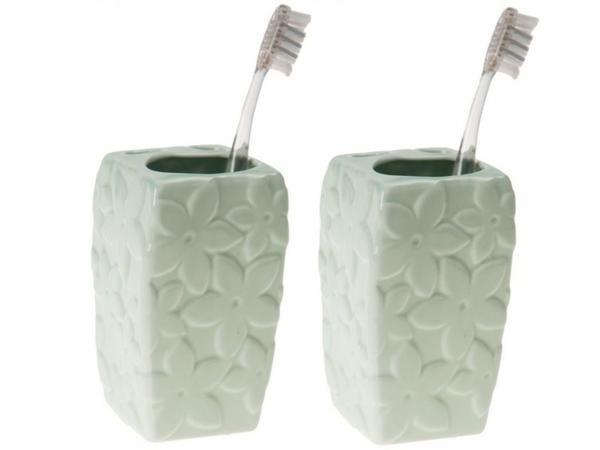 2 ADET SERAMİK DİŞ FIRÇALIK ÇİÇEKLİ SU YEŞİLİ 7X7X12CM  BANYO SETİ   - Image 1