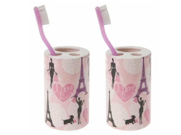 2 ADET SERAMİK DİŞ FIRÇALIK KIZLI PARİS DESENLİ 7X7X11CM BANYO SETİ   - Image 1