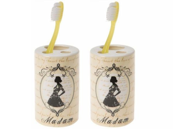 2 ADET SERAMİK DİŞ FIRÇALIK MADAM DESENLİ 7X7X11CM BANYO SETİ   - Image 1