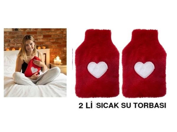 2 ADET SICAK SU TORBASI PELUŞ KALPLİ,KIRMIZI TERMOFOR 27X17X2CM 1 LİTRE - Image 1