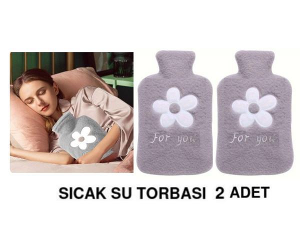 2 ADET SICAK SU TORBASI PELUŞ PAPATYA DESENLİ GRİ  21x13,5x2cm 500 ml - Image 1