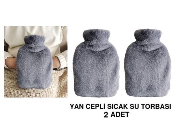 2 ADET SICAK SU TORBASI YAN CEPLİ GRİ  PELUŞ TERMOFOR 27x17x2cm  1 LİTRE - Image 1