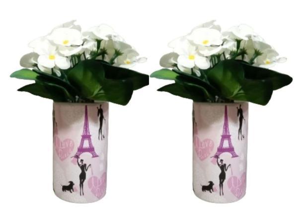 2 ADET VAZO DAHİL,VAZODA ÇİÇEK,BEYAZ YAPAY ÇİÇEK,VAZO DEKORATİF  KIZLI PARİS DESENLİ 7X7X16CM - Image 1