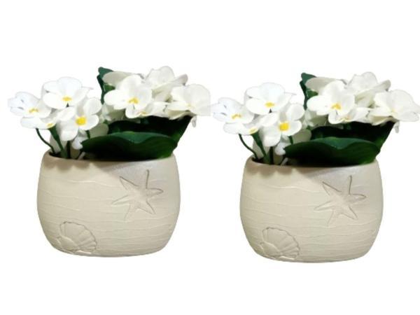 2 ADET VAZO DAHİL,VAZODA ÇİÇEK,BEYAZ YAPAY ÇİÇEK,VAZO DEKORATİF İSTİRİDYE POLİRESİN 10X5X14CM - Image 1