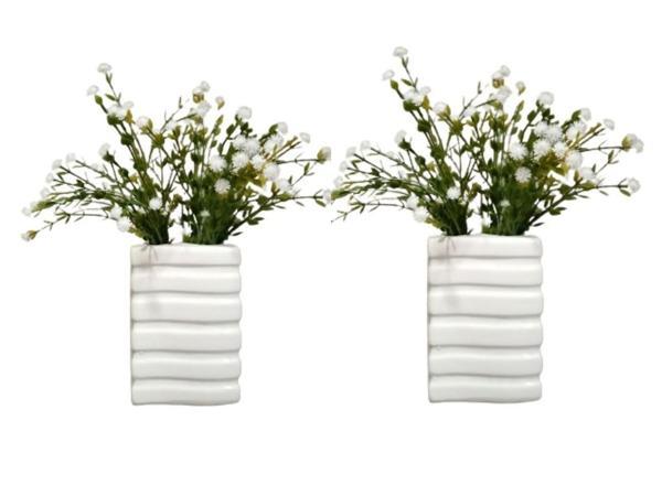 2 ADET VAZO DAHİL,VAZODA ÇİÇEK,BEYAZ YAPAY ÇİÇEK,VAZO DEKORATİF KARE ÇİZGİLİ 8X6X16CM - Image 1