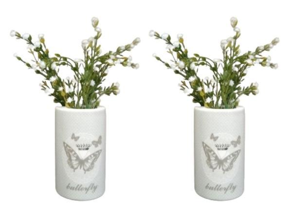 2 ADET VAZO DAHİL,VAZODA ÇİÇEK,BEYAZ YAPAY ÇİÇEK,VAZO DEKORATİF KELEBEK DESENLİ 7X7X16CM - Image 1